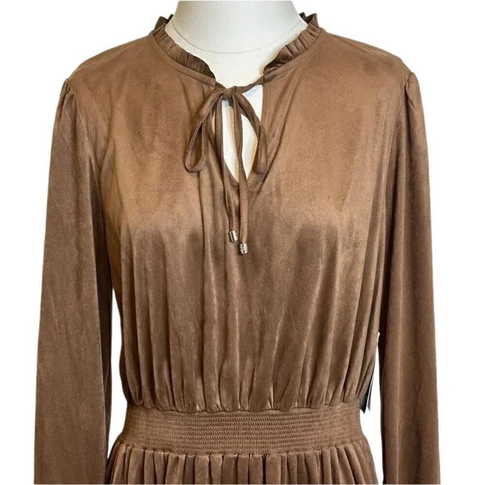 NWT Tommy Hilfiger Brown Faux Suede Fit & Flare Keyhole Tie Dress Womens Size 10